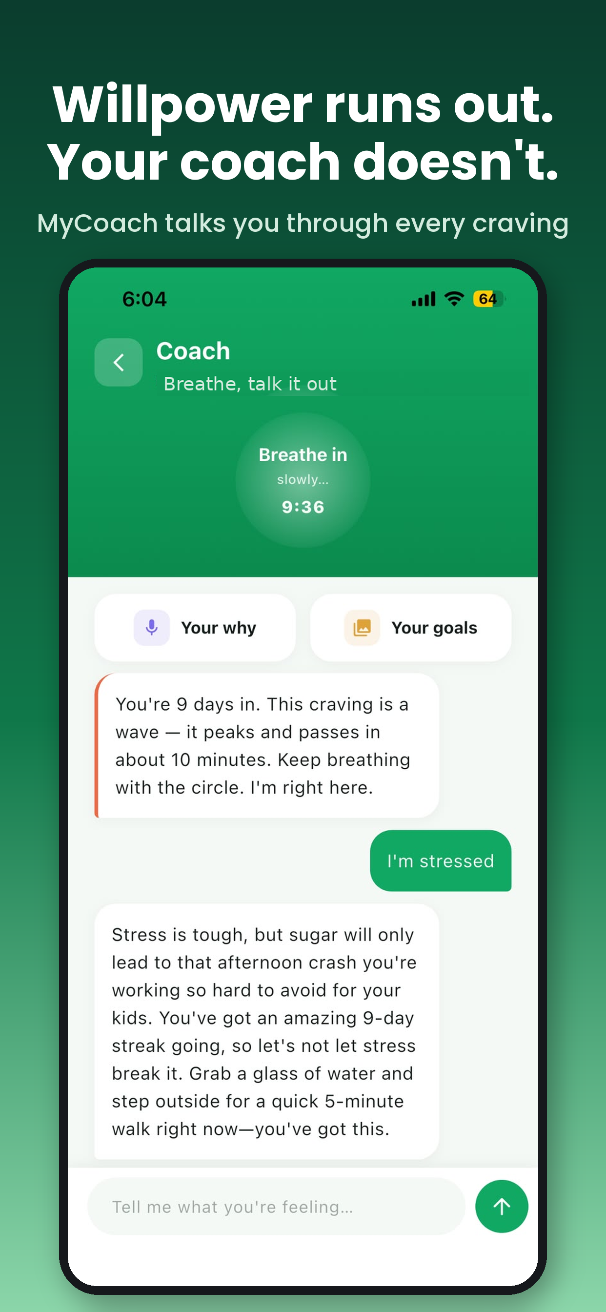 SugarBreak AI coach chatting and giving personalized sugar-quitting advice