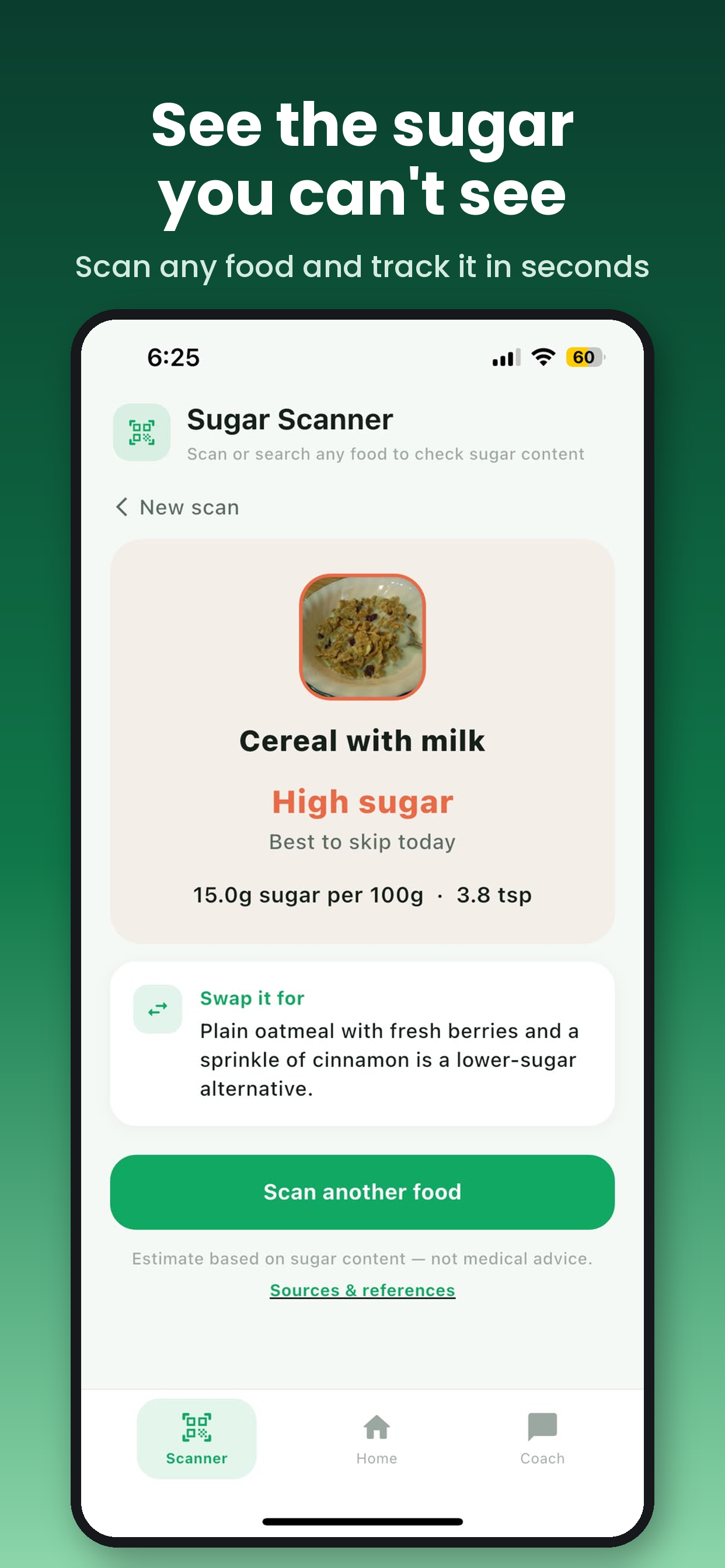 SugarBreak AI food scanner showing the sugar content of a meal